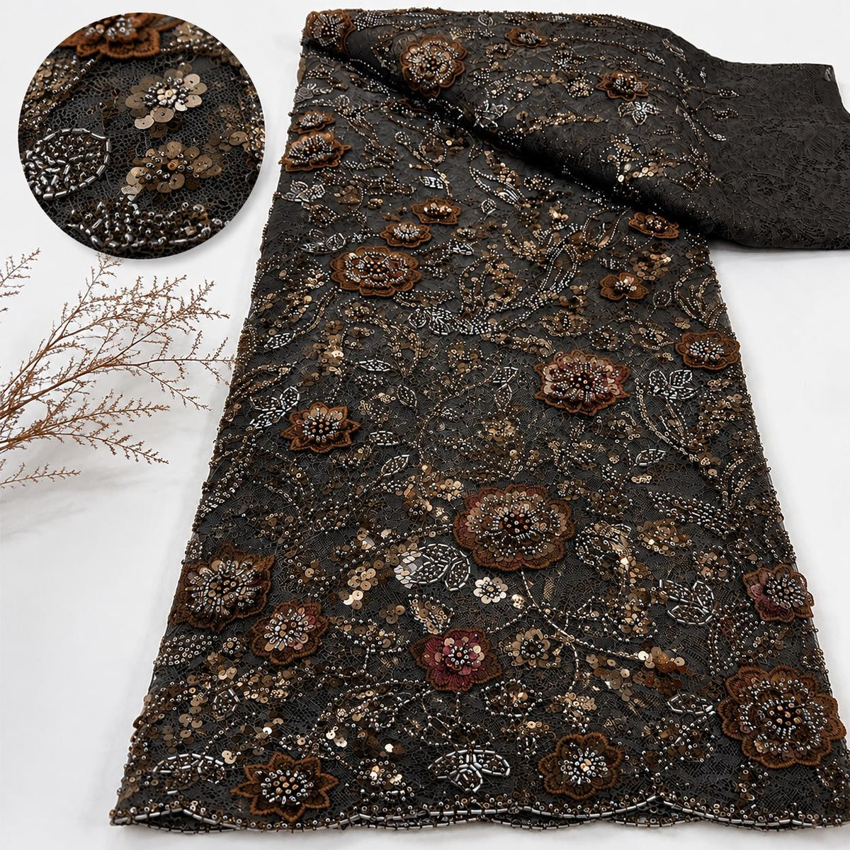 Brown Beaded Lace Fabric by the Yard | 3D Floral Embroidered Mesh Lace | Luxury Couture Evening Gown & Bridal Dress Fabric | Taupe Tulle