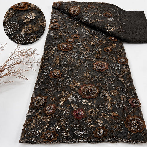 Brown Beaded Lace Fabric by the Yard | 3D Floral Embroidered Mesh Lace | Luxury Couture Evening Gown & Bridal Dress Fabric | Taupe Tulle