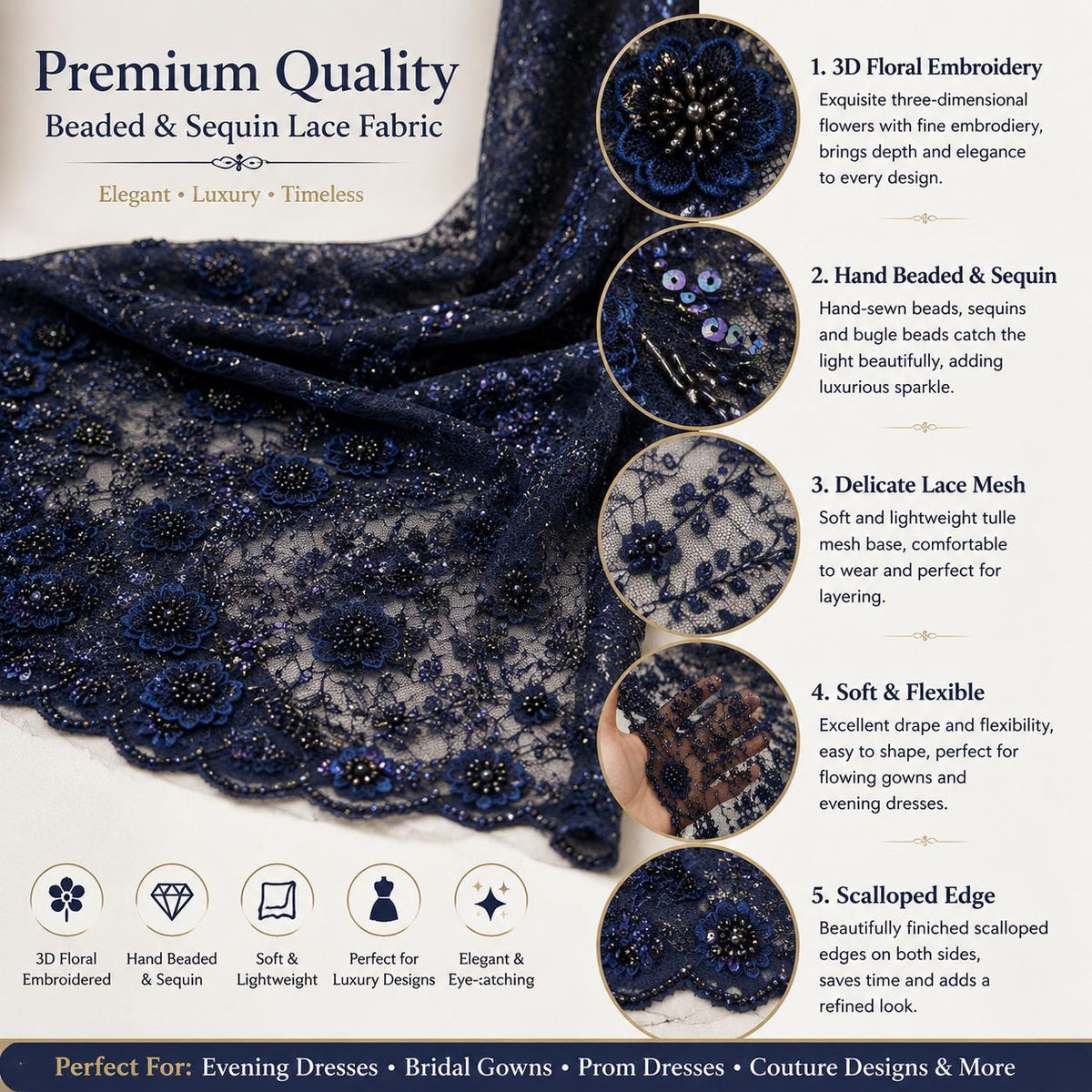 Luxury Navy Blue Bridal Lace Fabric | Beaded Floral Mesh by the Yard | 3D Embroidered Wedding Dress Fabric | Bridal Veil Lace