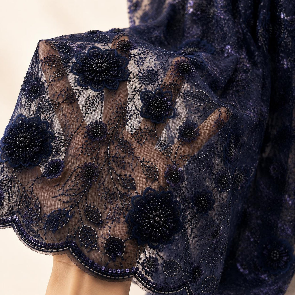 Luxury Navy Blue Bridal Lace Fabric | Beaded Floral Mesh by the Yard | 3D Embroidered Wedding Dress Fabric | Bridal Veil Lace