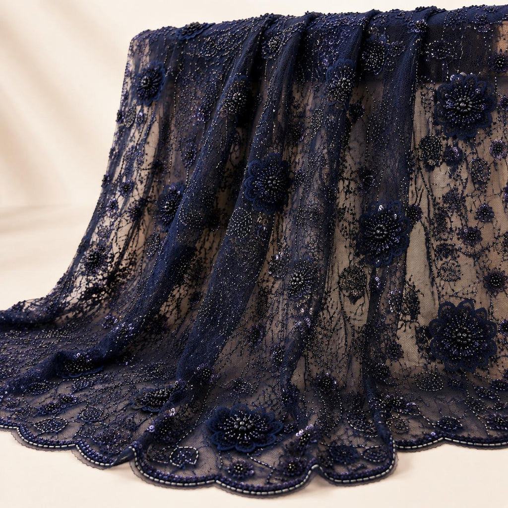 Luxury Navy Blue Bridal Lace Fabric | Beaded Floral Mesh by the Yard | 3D Embroidered Wedding Dress Fabric | Bridal Veil Lace