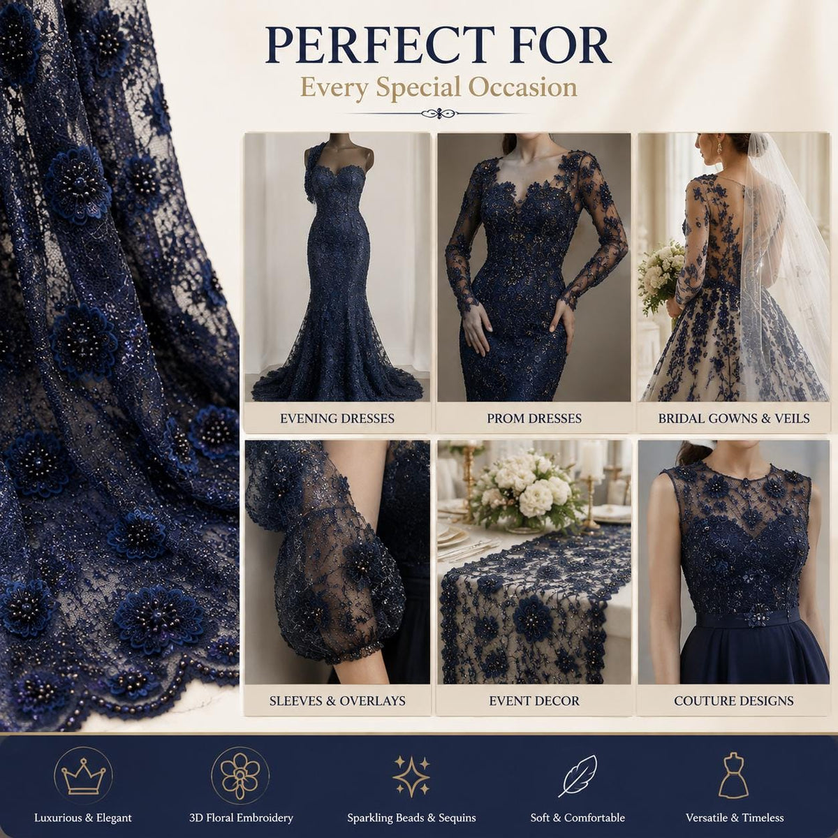 Luxury Navy Blue Bridal Lace Fabric | Beaded Floral Mesh by the Yard | 3D Embroidered Wedding Dress Fabric | Bridal Veil Lace