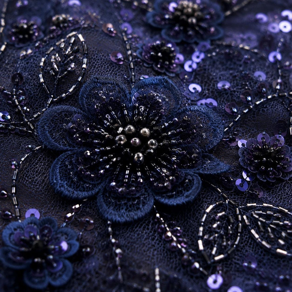 Luxury Navy Blue Bridal Lace Fabric | Beaded Floral Mesh by the Yard | 3D Embroidered Wedding Dress Fabric | Bridal Veil Lace