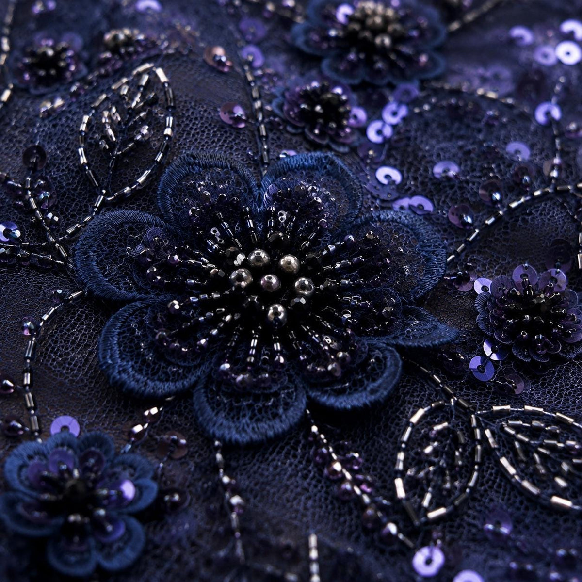 Luxury Navy Blue Bridal Lace Fabric | Beaded Floral Mesh by the Yard | 3D Embroidered Wedding Dress Fabric | Bridal Veil Lace