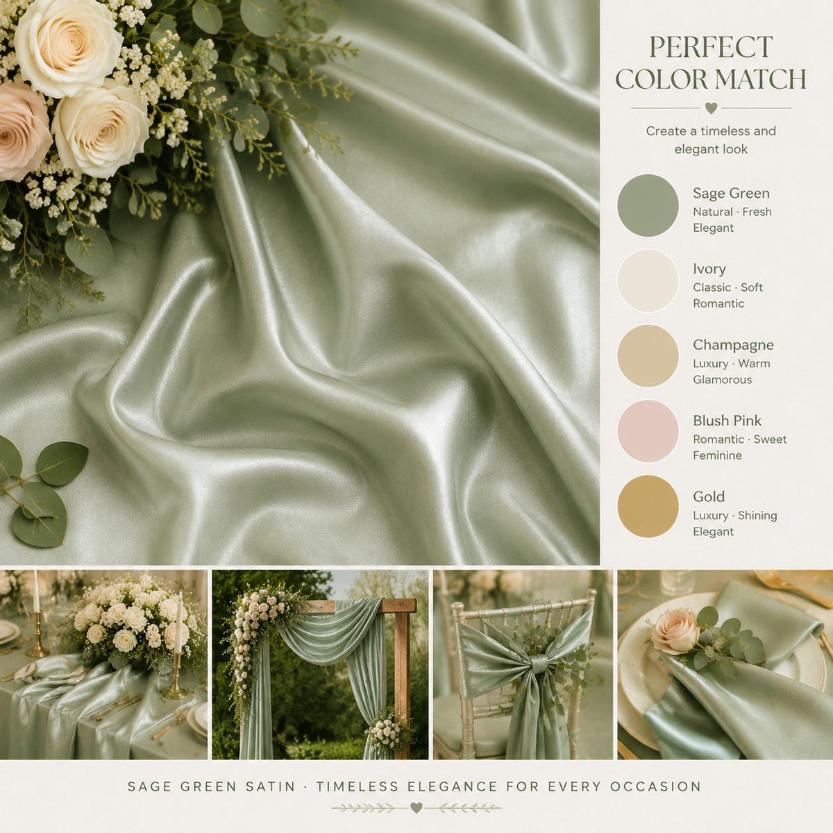 Sage Green Satin Fabric by the Yard for Wedding Decor