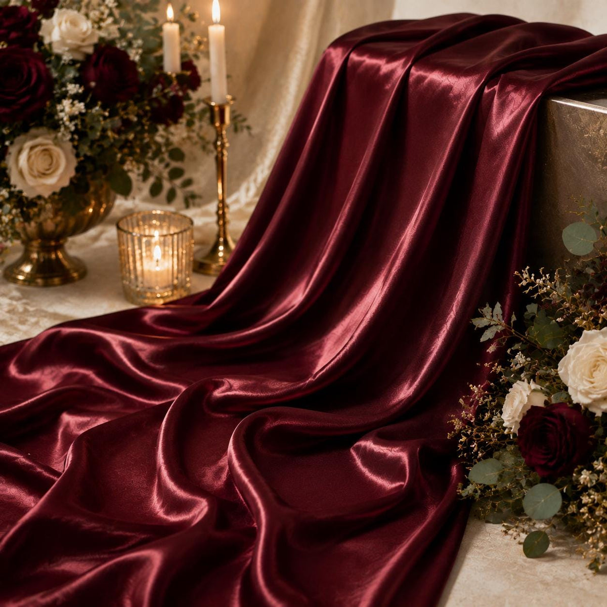 Burgundy Satin Fabric by the Yard for Wedding Draping