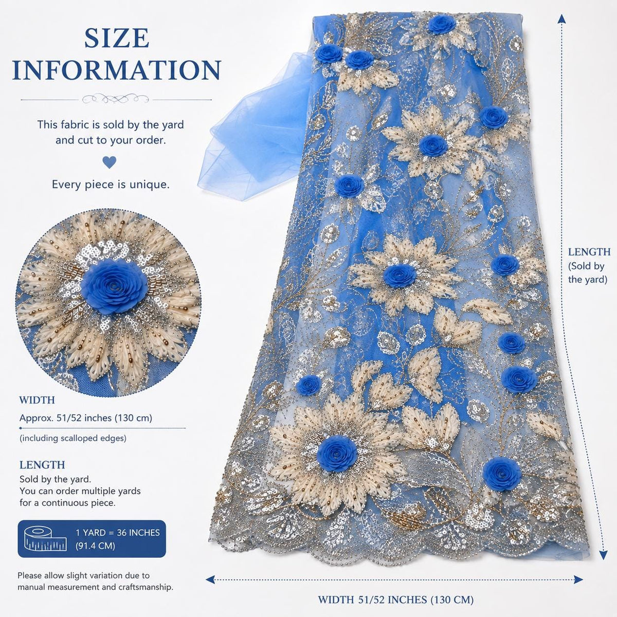 Blue 3D Floral Beaded Lace Fabric by the Yard, Sequin Embroidered Tulle, Wedding Dress Lace, Evening Gown & Bridal Fabric