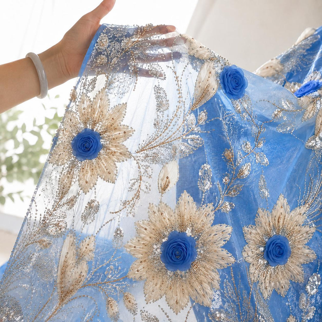 Blue 3D Floral Beaded Lace Fabric by the Yard, Sequin Embroidered Tulle, Wedding Dress Lace, Evening Gown & Bridal Fabric