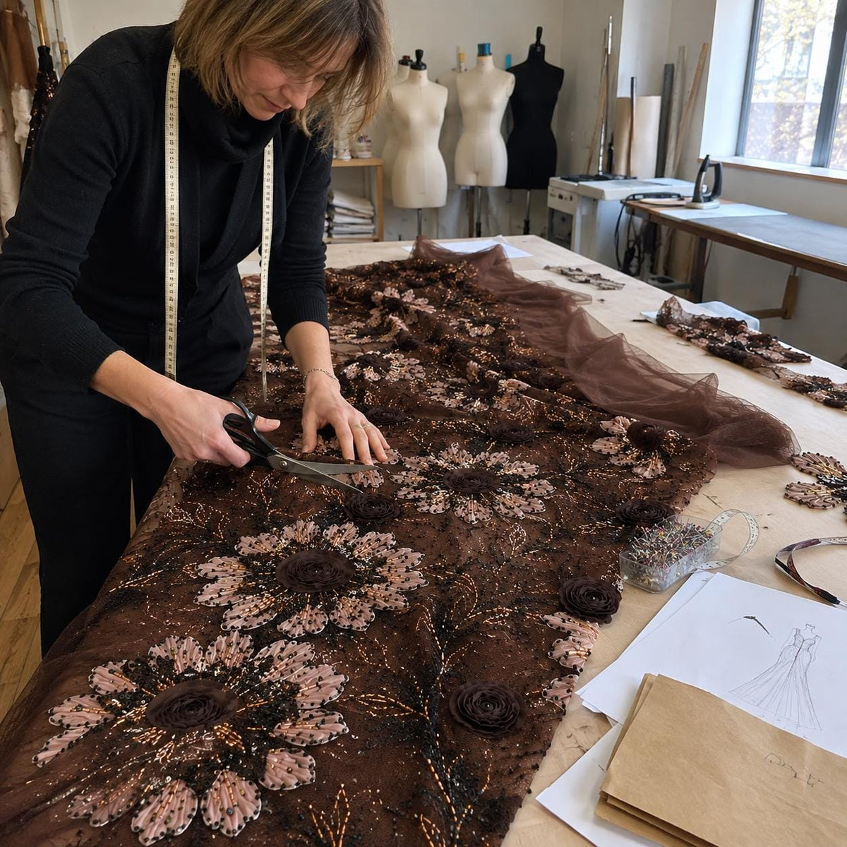 Chocolate Brown 3D Floral Beaded Lace Fabric by the Yard, Sequin Embroidered Tulle for Evening Gown, Prom Dress & Bridal