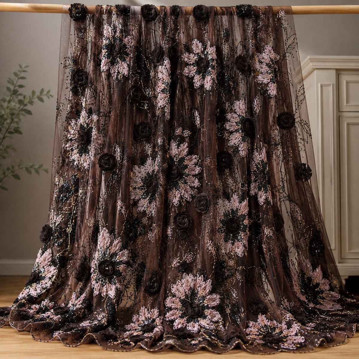 Chocolate Brown 3D Floral Beaded Lace Fabric by the Yard, Sequin Embroidered Tulle for Evening Gown, Prom Dress & Bridal