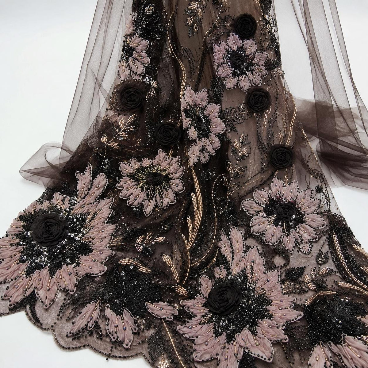 Chocolate Brown 3D Floral Beaded Lace Fabric by the Yard, Sequin Embroidered Tulle for Evening Gown, Prom Dress & Bridal