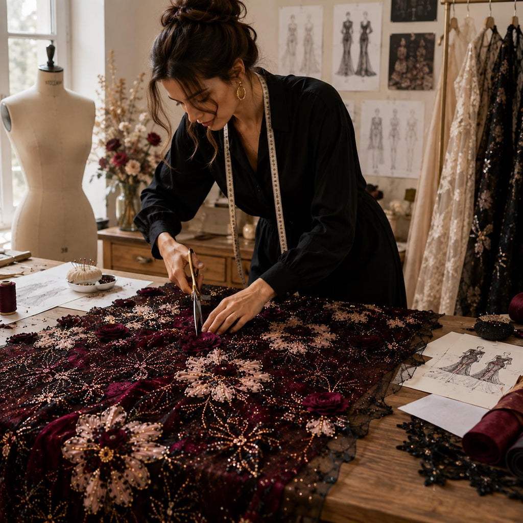 Burgundy 3D Floral Beaded Lace Fabric by the Yard, Black Tulle Sequin Embroidery for Evening Gown, Prom Dress & Couture