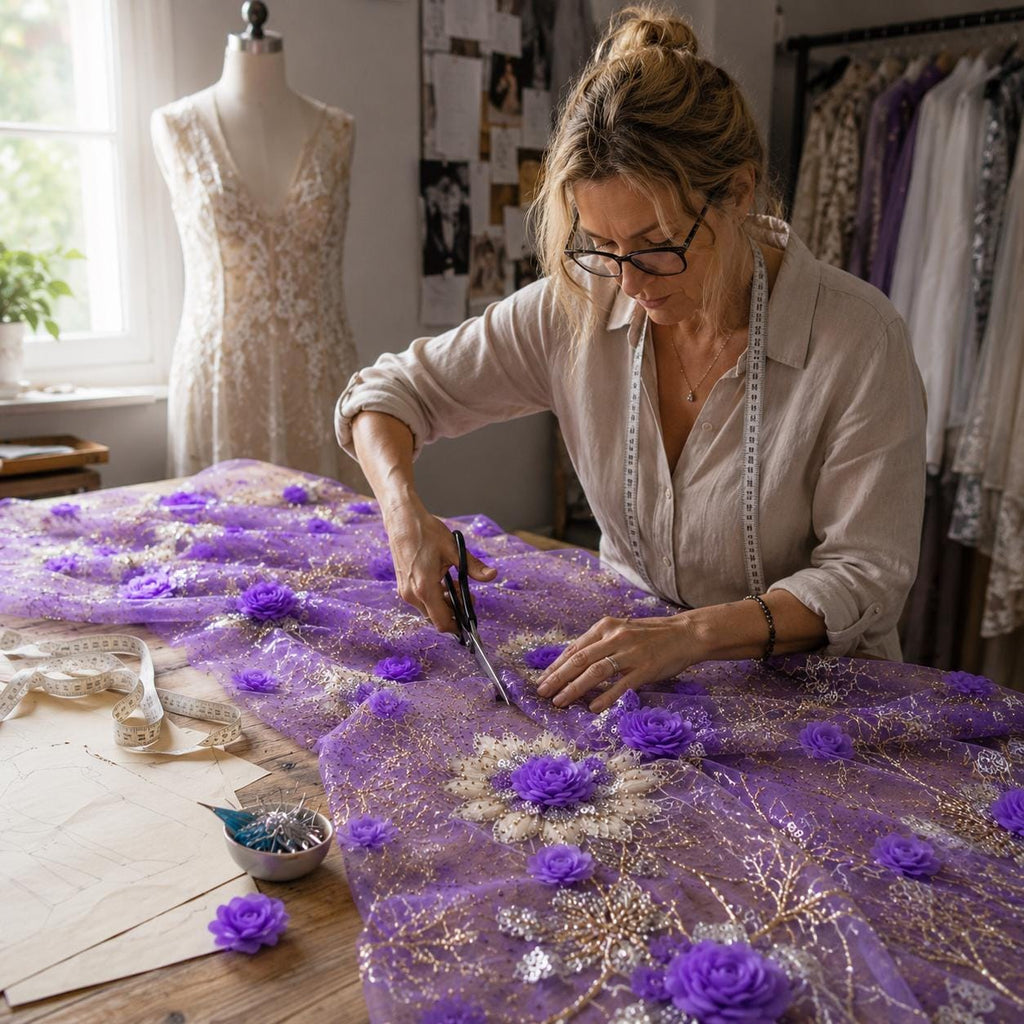 Purple 3D Floral Beaded Lace Fabric by the Yard, Lavender Sequin Embroidered Tulle for Prom Dress, Evening Gown & Couture