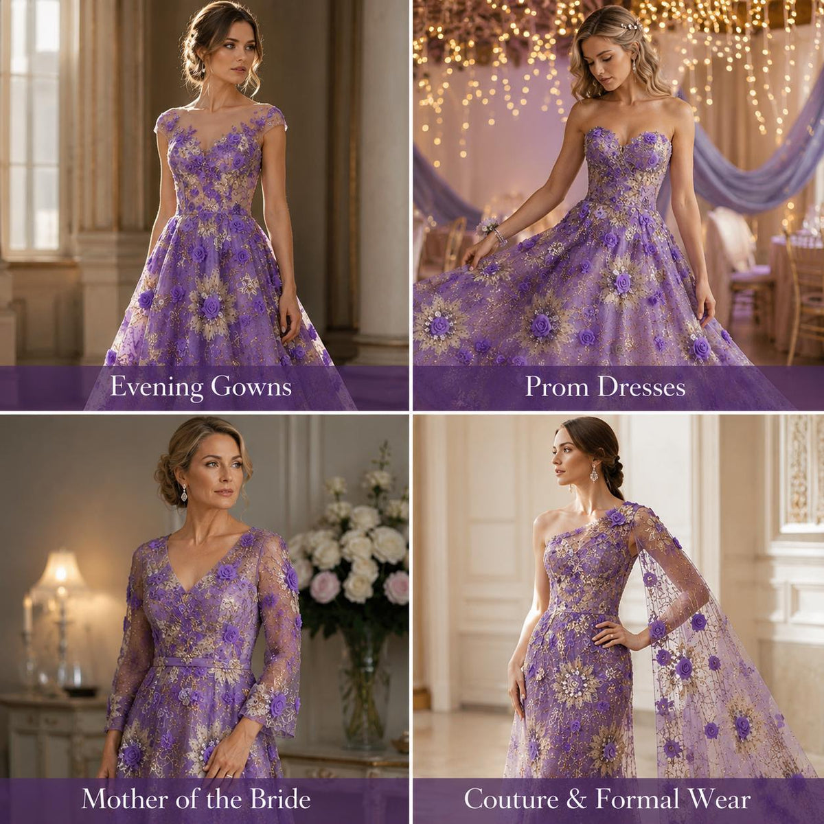 Purple 3D Floral Beaded Lace Fabric by the Yard, Lavender Sequin Embroidered Tulle for Prom Dress, Evening Gown & Couture