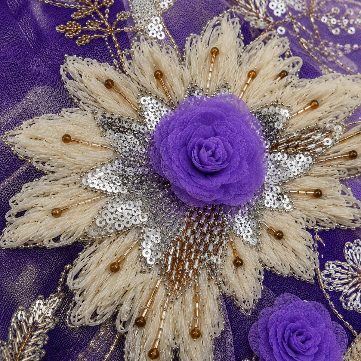 Purple 3D Floral Beaded Lace Fabric by the Yard, Lavender Sequin Embroidered Tulle for Prom Dress, Evening Gown & Couture