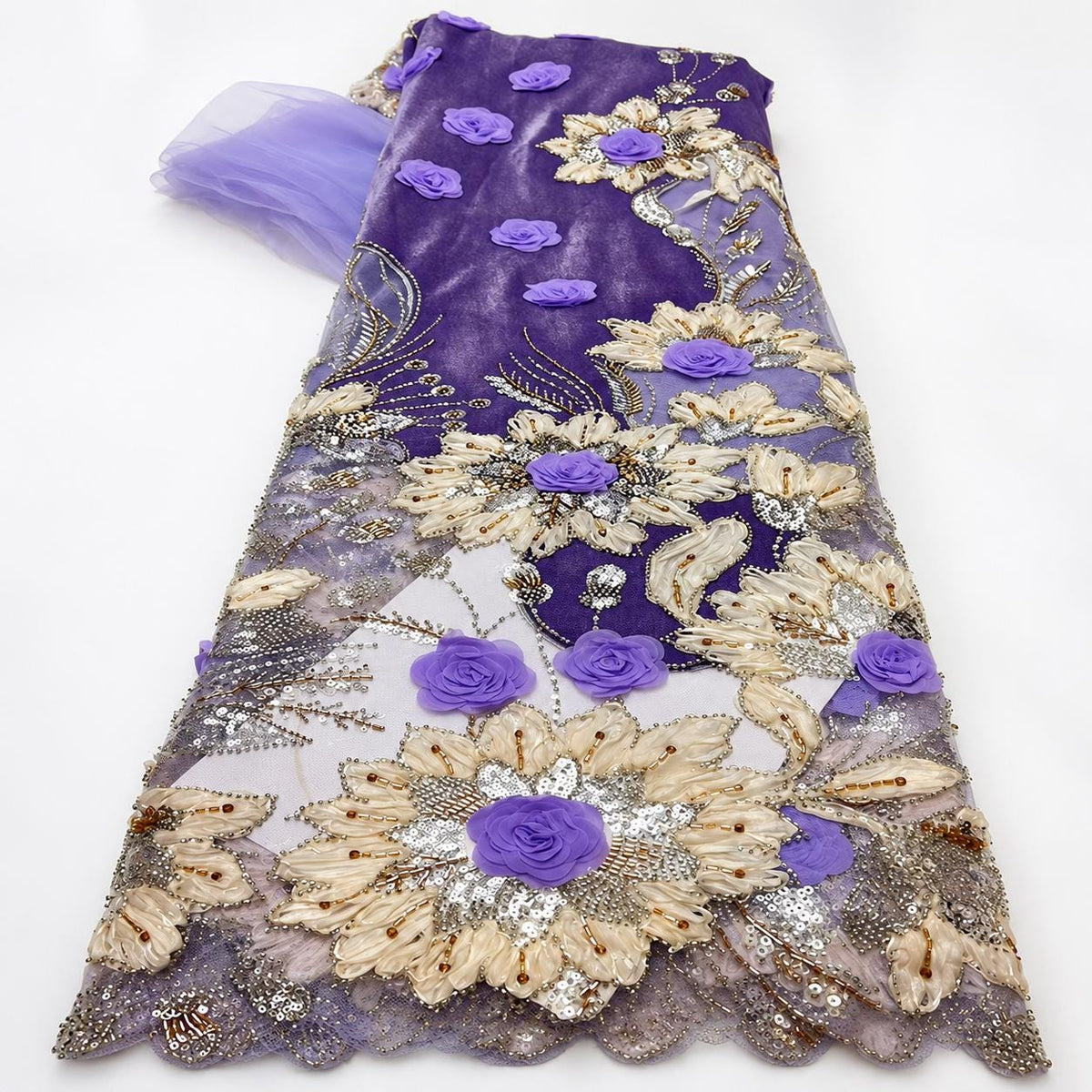 Purple 3D Floral Beaded Lace Fabric by the Yard, Lavender Sequin Embroidered Tulle for Prom Dress, Evening Gown & Couture