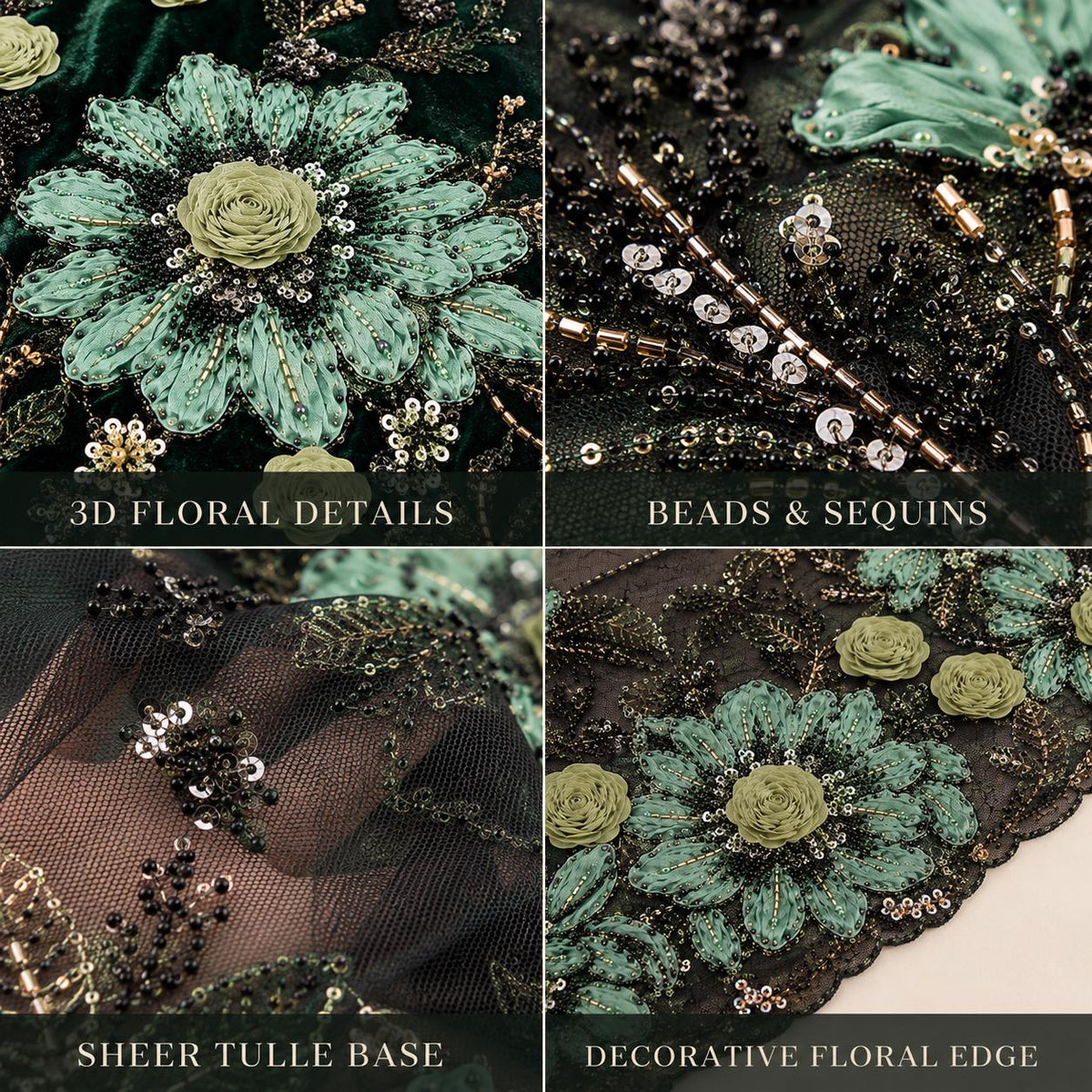 Emerald Green 3D Floral Beaded Lace Fabric by the Yard, Sequin Embroidered Tulle for Evening Gown, Formal Dress & Couture