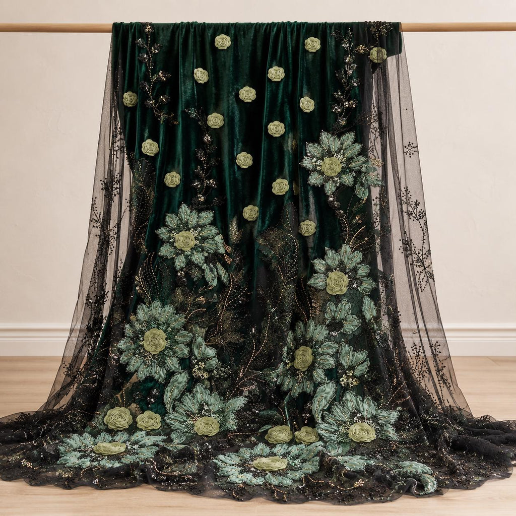 Emerald Green 3D Floral Beaded Lace Fabric by the Yard, Sequin Embroidered Tulle for Evening Gown, Formal Dress & Couture