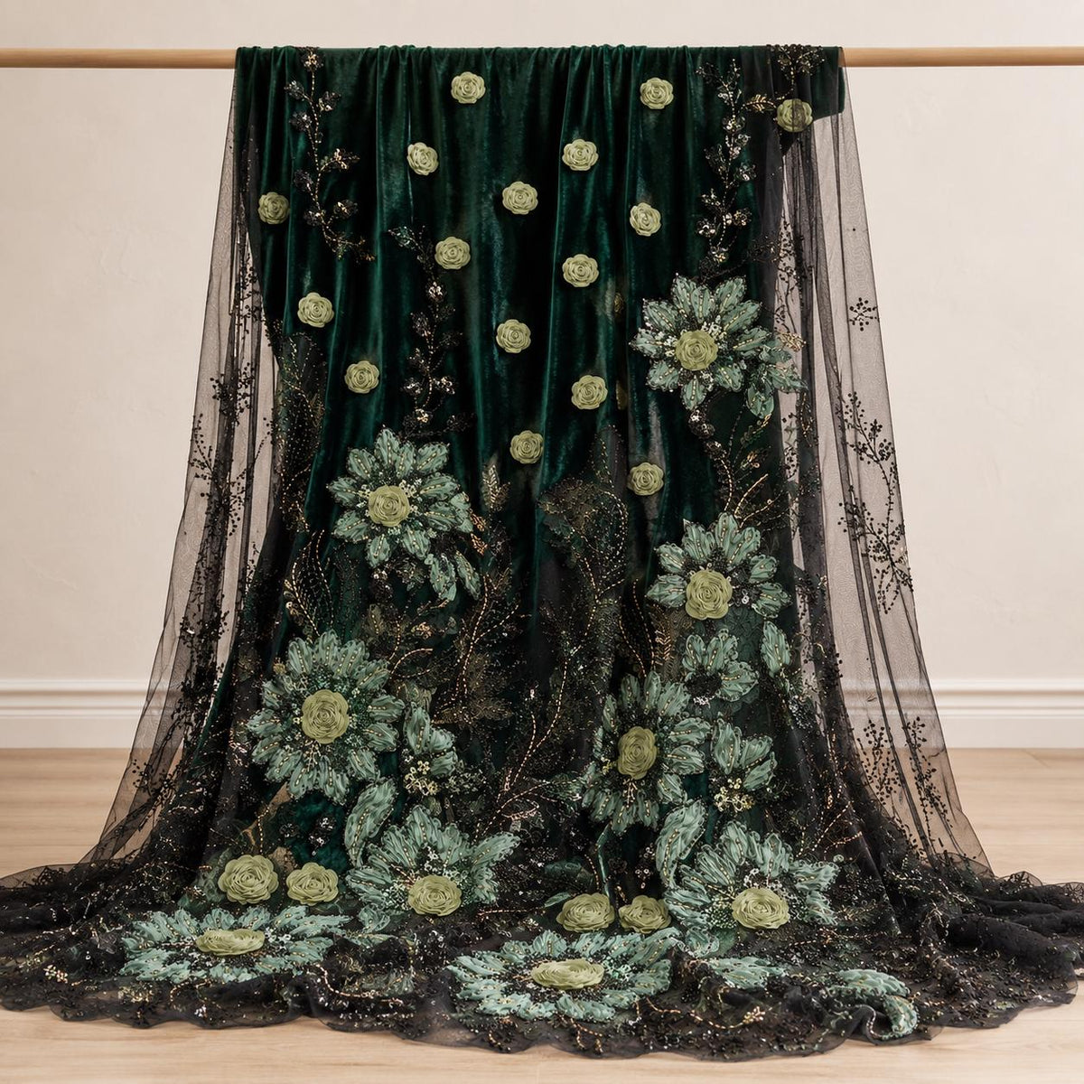 Emerald Green 3D Floral Beaded Lace Fabric by the Yard, Sequin Embroidered Tulle for Evening Gown, Formal Dress & Couture