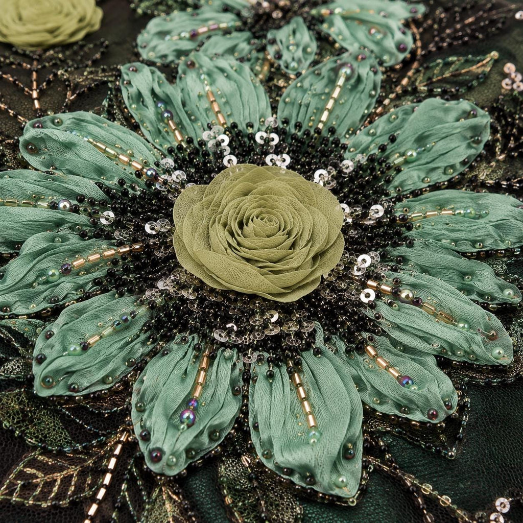 Emerald Green 3D Floral Beaded Lace Fabric by the Yard, Sequin Embroidered Tulle for Evening Gown, Formal Dress & Couture
