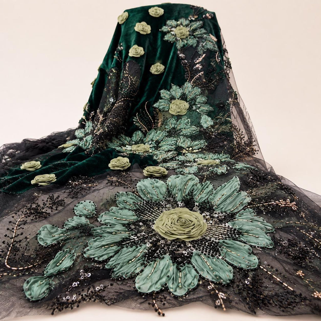 Emerald Green 3D Floral Beaded Lace Fabric by the Yard, Sequin Embroidered Tulle for Evening Gown, Formal Dress & Couture