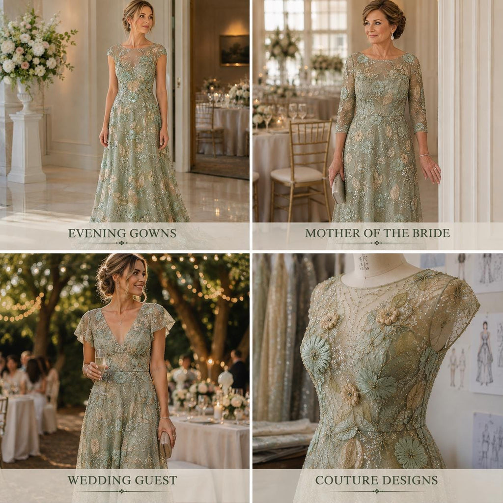 Sage Green 3D Floral Beaded Lace Fabric by the Yard, Sequin Embroidered Tulle for Evening Gown, Mother of the Bride & Couture