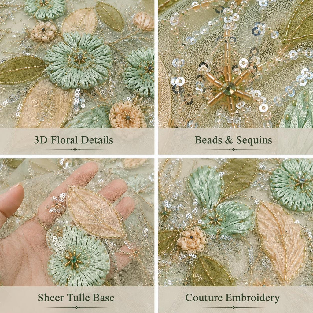 Sage Green 3D Floral Beaded Lace Fabric by the Yard, Sequin Embroidered Tulle for Evening Gown, Mother of the Bride & Couture