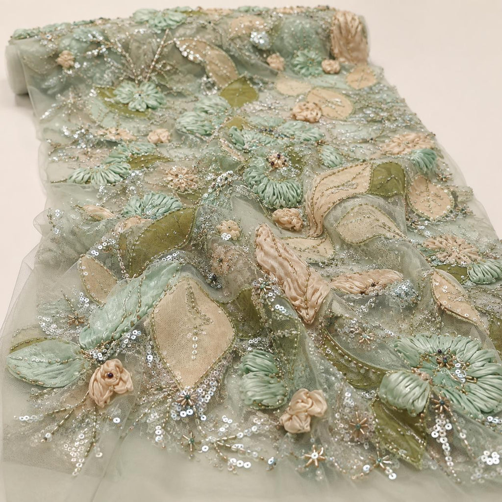 Sage Green 3D Floral Beaded Lace Fabric by the Yard, Sequin Embroidered Tulle for Evening Gown, Mother of the Bride & Couture