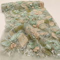 Sage Green 3D Floral Beaded Lace Fabric by the Yard, Sequin Embroidered Tulle for Evening Gown, Mother of the Bride & Couture