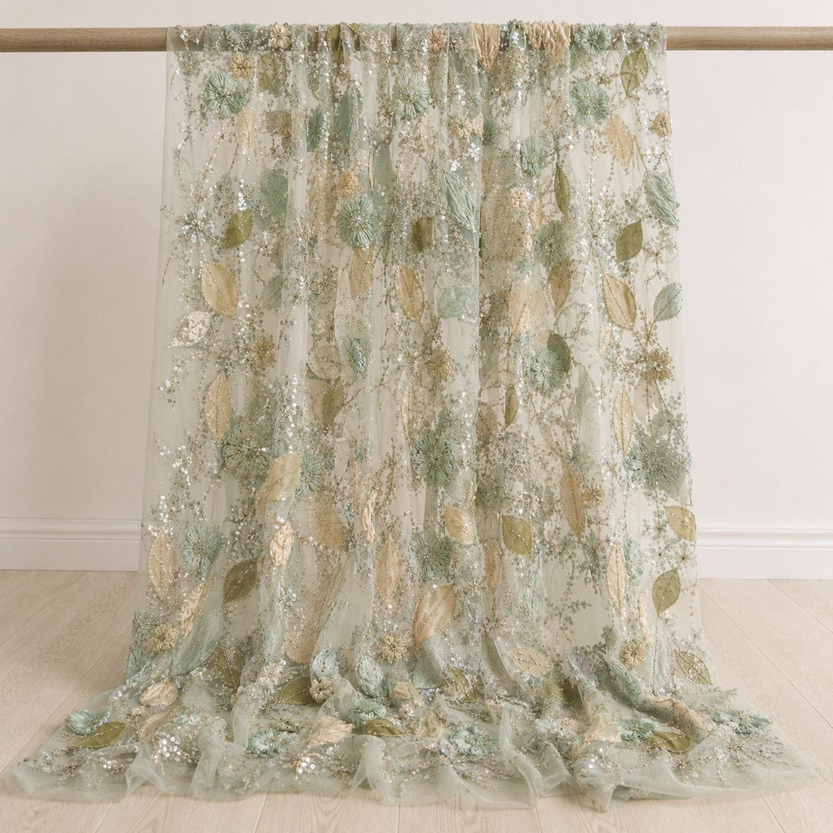 Sage Green 3D Floral Beaded Lace Fabric by the Yard, Sequin Embroidered Tulle for Evening Gown, Mother of the Bride & Couture