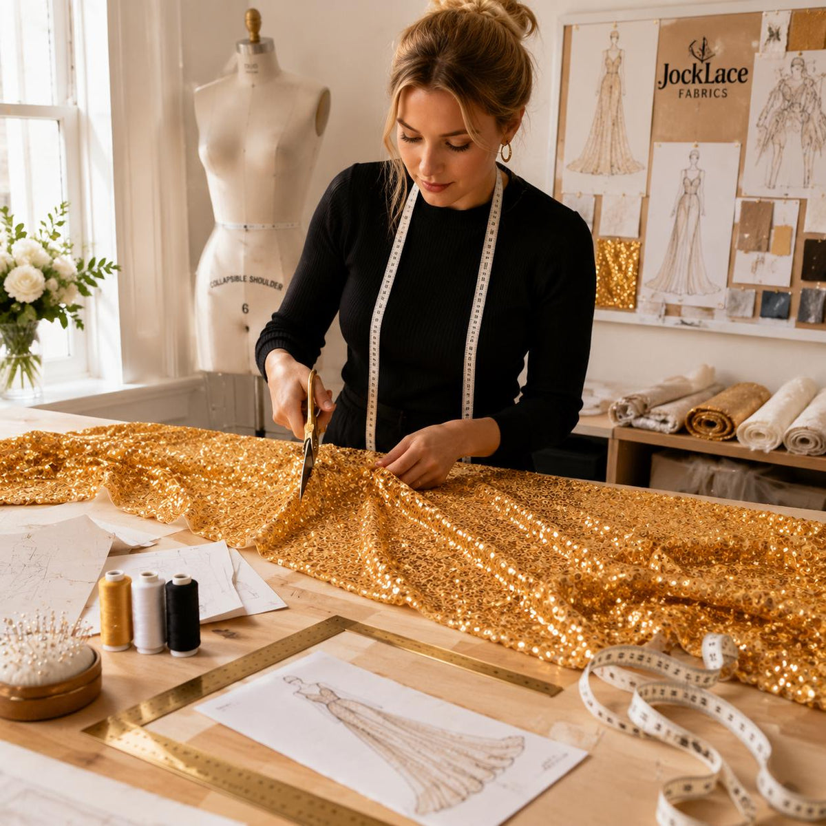 Sparkly Gold Mesh Fabric by the Yard, Full Sequin Fabric for Evening Dress, Pageant Gown, Costume, Wedding Decoration