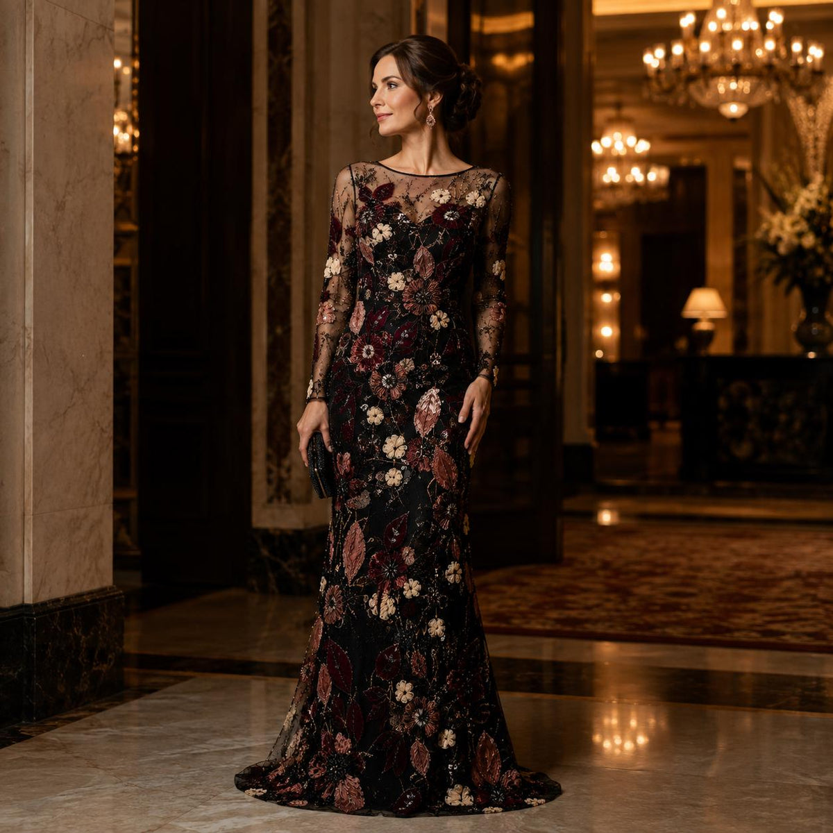Black Burgundy 3D Floral Beaded Lace Fabric by the Yard, Sequin Embroidered Tulle for Evening Gowns, Formal Dresses & Couture
