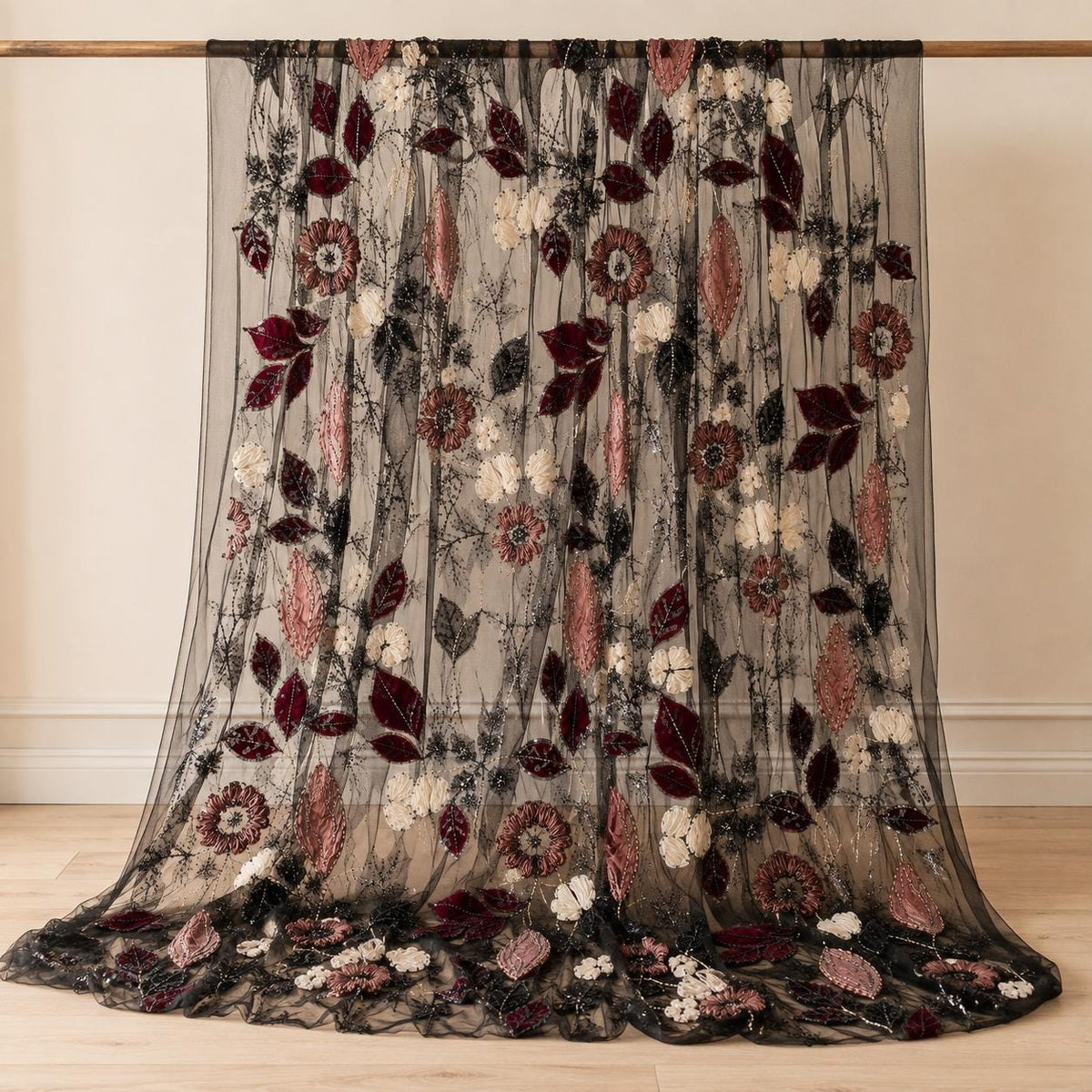 Black Burgundy 3D Floral Beaded Lace Fabric by the Yard, Sequin Embroidered Tulle for Evening Gowns, Formal Dresses & Couture
