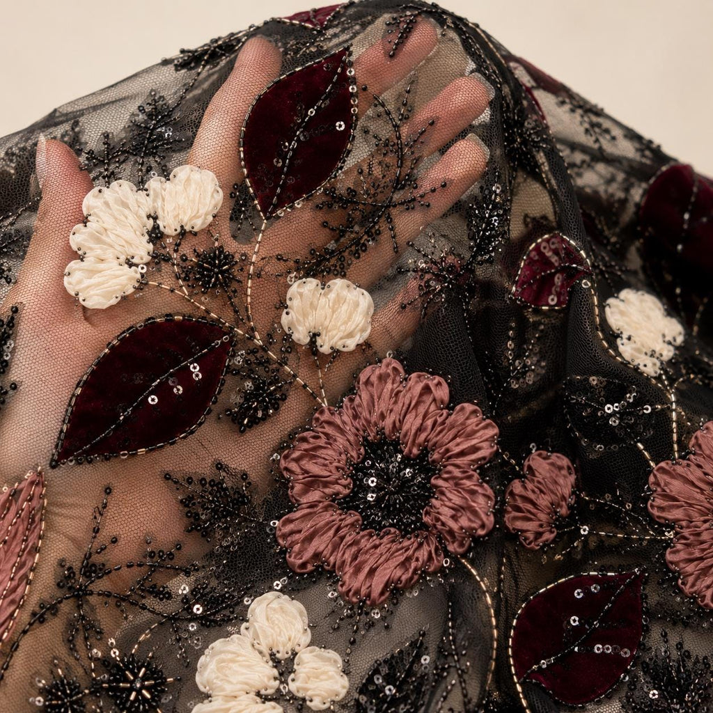 Black Burgundy 3D Floral Beaded Lace Fabric by the Yard, Sequin Embroidered Tulle for Evening Gowns, Formal Dresses & Couture