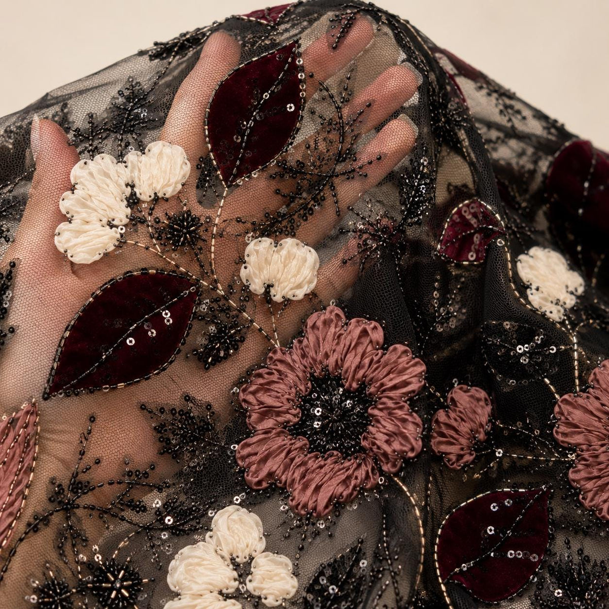Black Burgundy 3D Floral Beaded Lace Fabric by the Yard, Sequin Embroidered Tulle for Evening Gowns, Formal Dresses & Couture