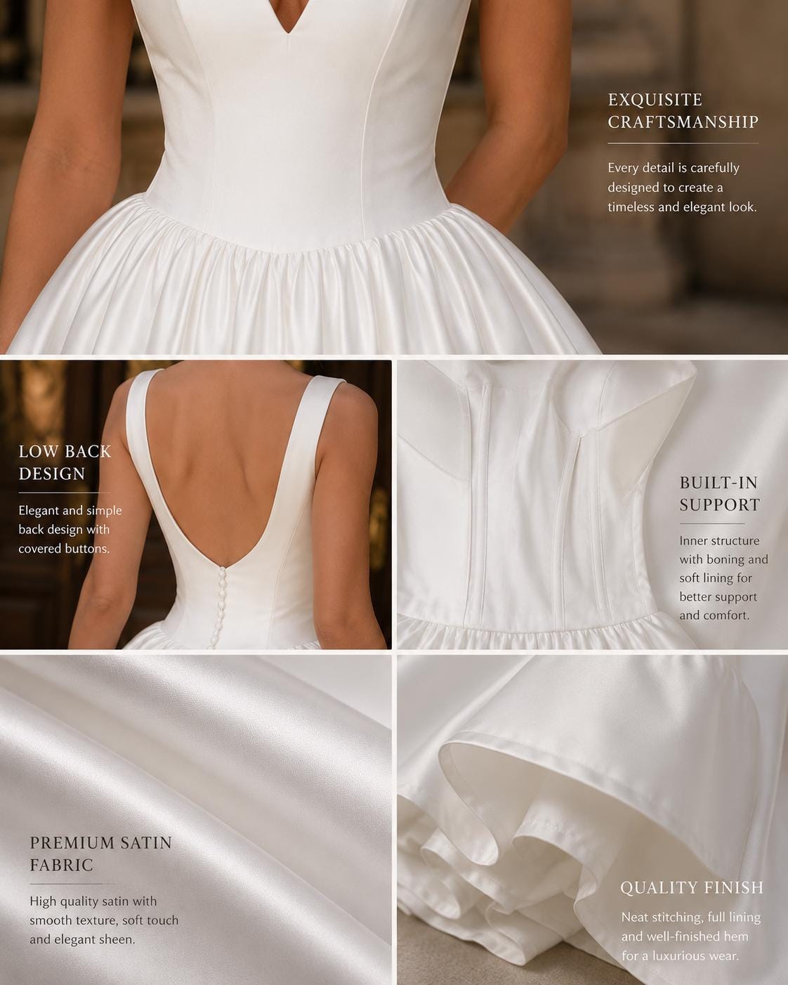 Minimalist V-Neck Satin Ball Gown Wedding Dress