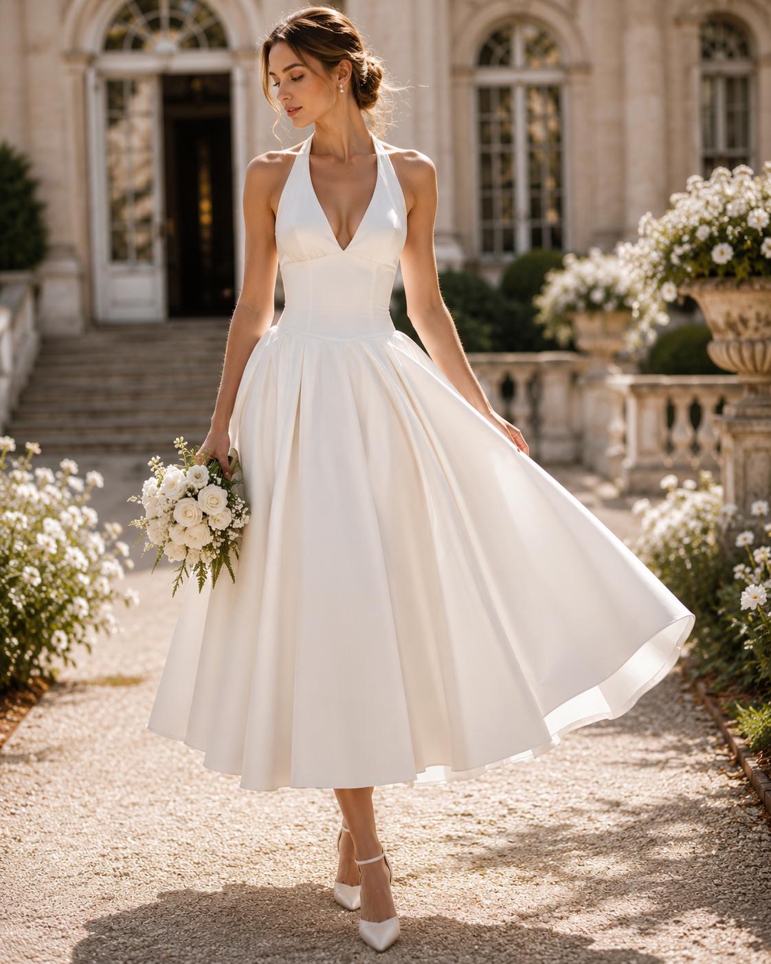 Tea-Length Halter Satin Wedding Dress with Open Back