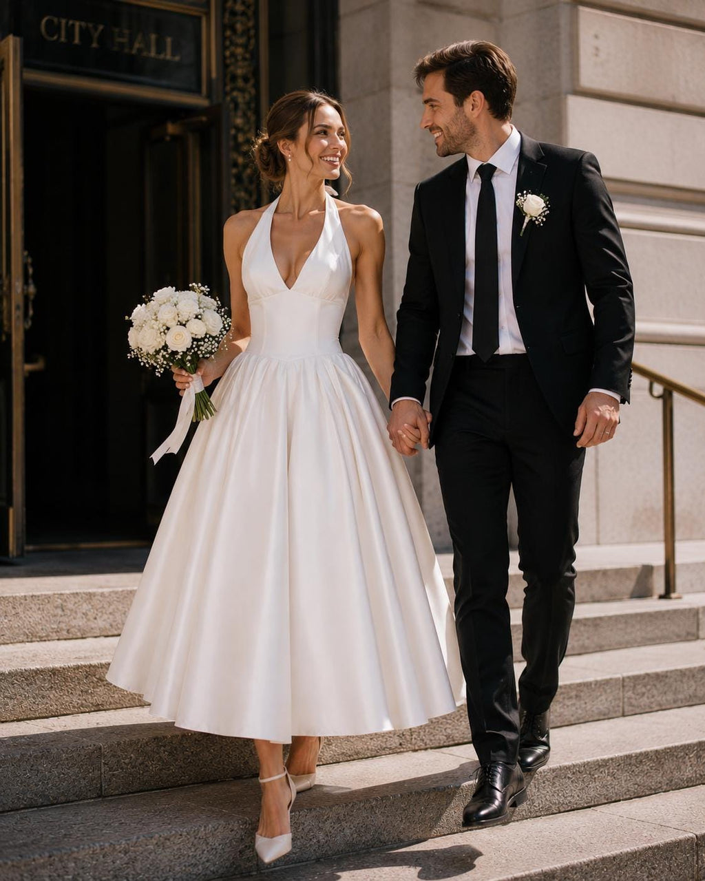 Tea-Length Halter Satin Wedding Dress with Open Back