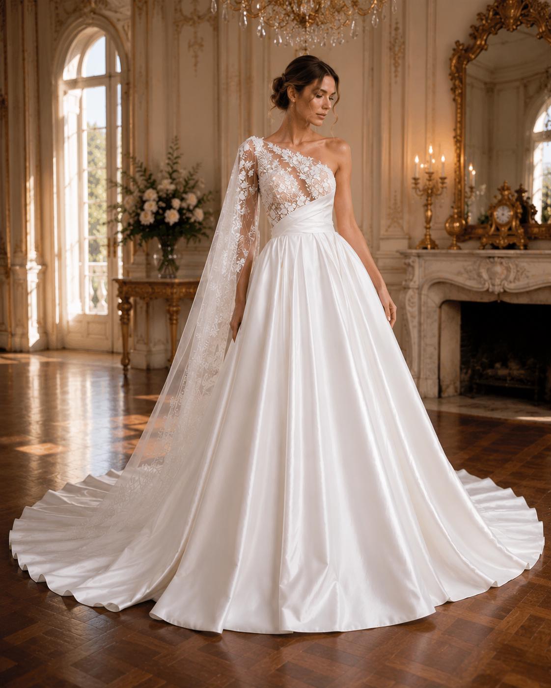 One-Shoulder Lace and Satin A-Line Wedding Dress