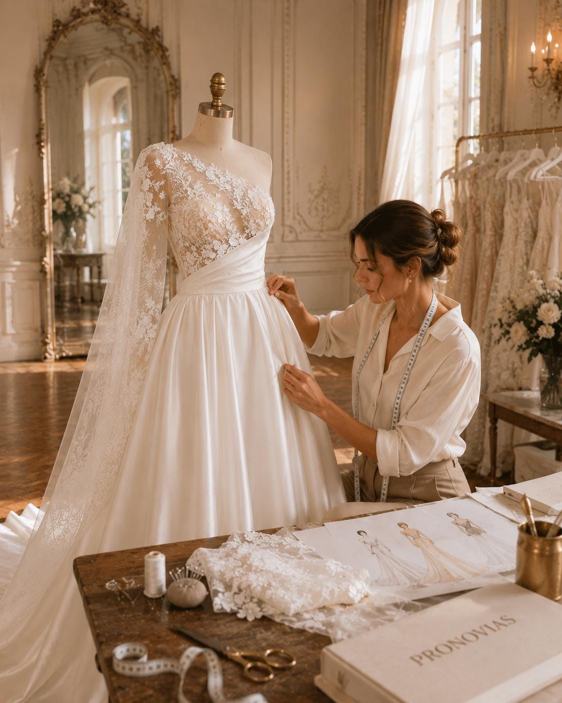 One-Shoulder Lace and Satin A-Line Wedding Dress
