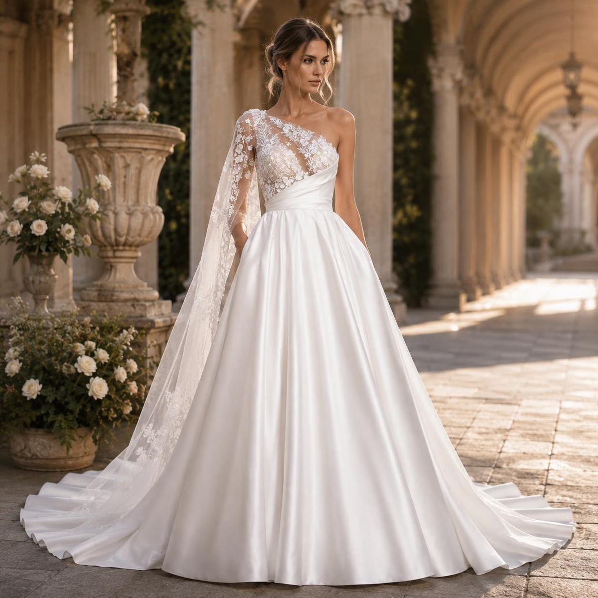 One-Shoulder Lace and Satin A-Line Wedding Dress