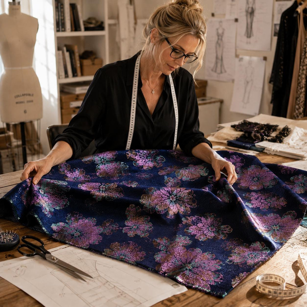 Navy Floral Jacquard Fabric by the Yard, Metallic Brocade for Evening Gowns & Couture Dresses