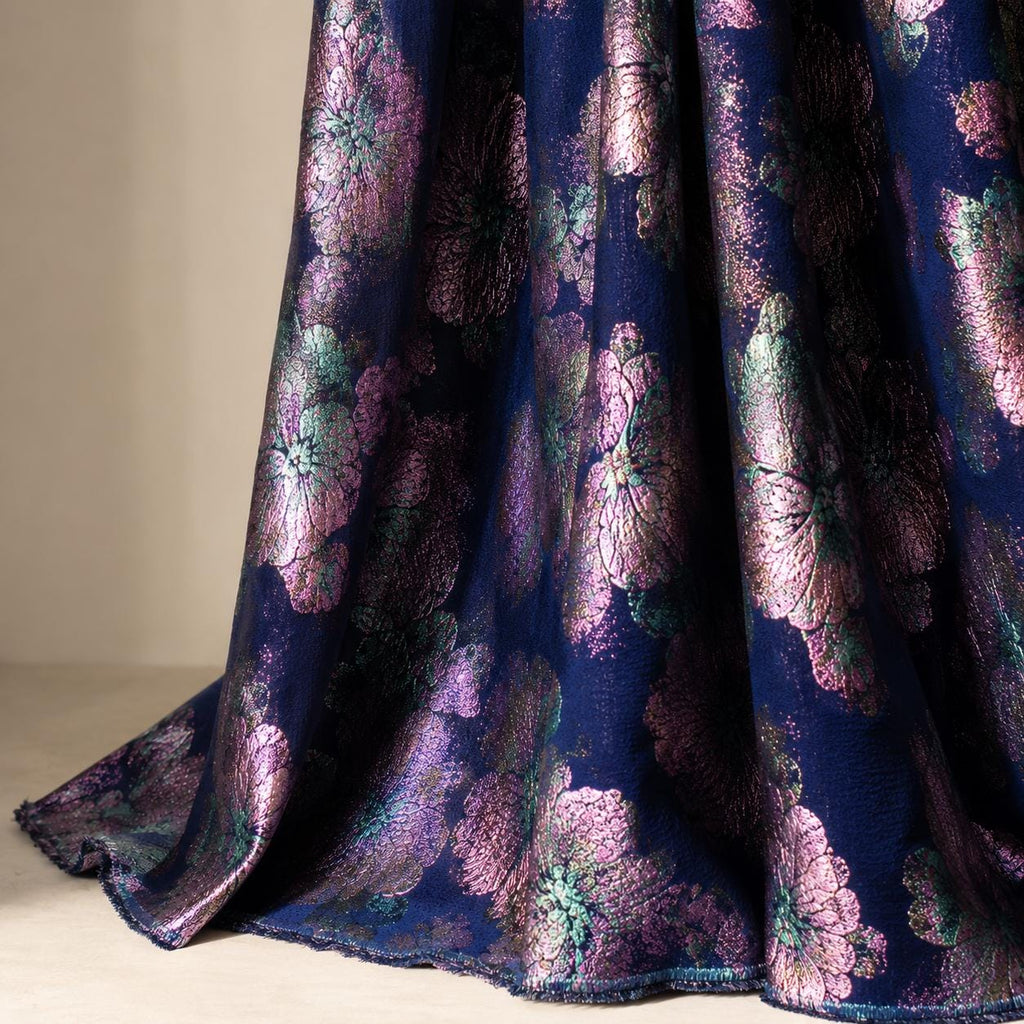 Navy Floral Jacquard Fabric by the Yard, Metallic Brocade for Evening Gowns & Couture Dresses