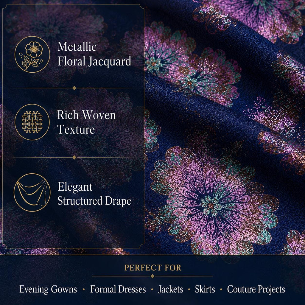 Navy Floral Jacquard Fabric by the Yard, Metallic Brocade for Evening Gowns & Couture Dresses