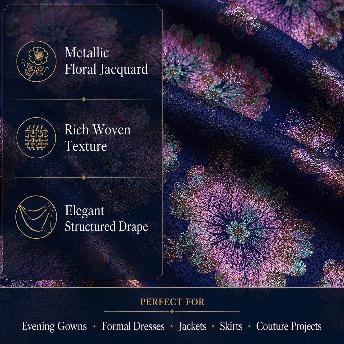 Navy Floral Jacquard Fabric by the Yard, Metallic Brocade for Evening Gowns & Couture Dresses