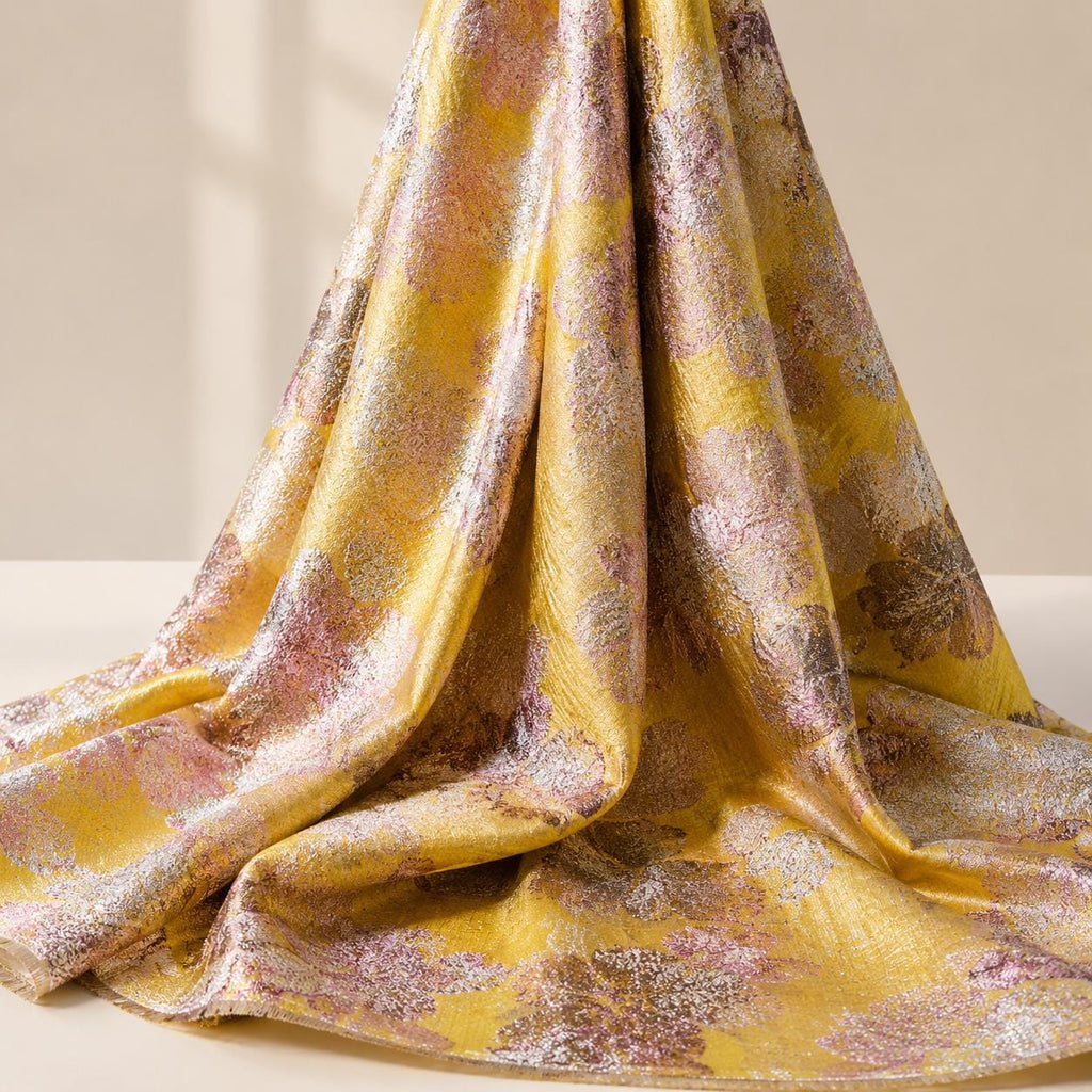 Gold Floral Jacquard Fabric by the Yard, Metallic Brocade for Evening Gowns & Couture Dresses