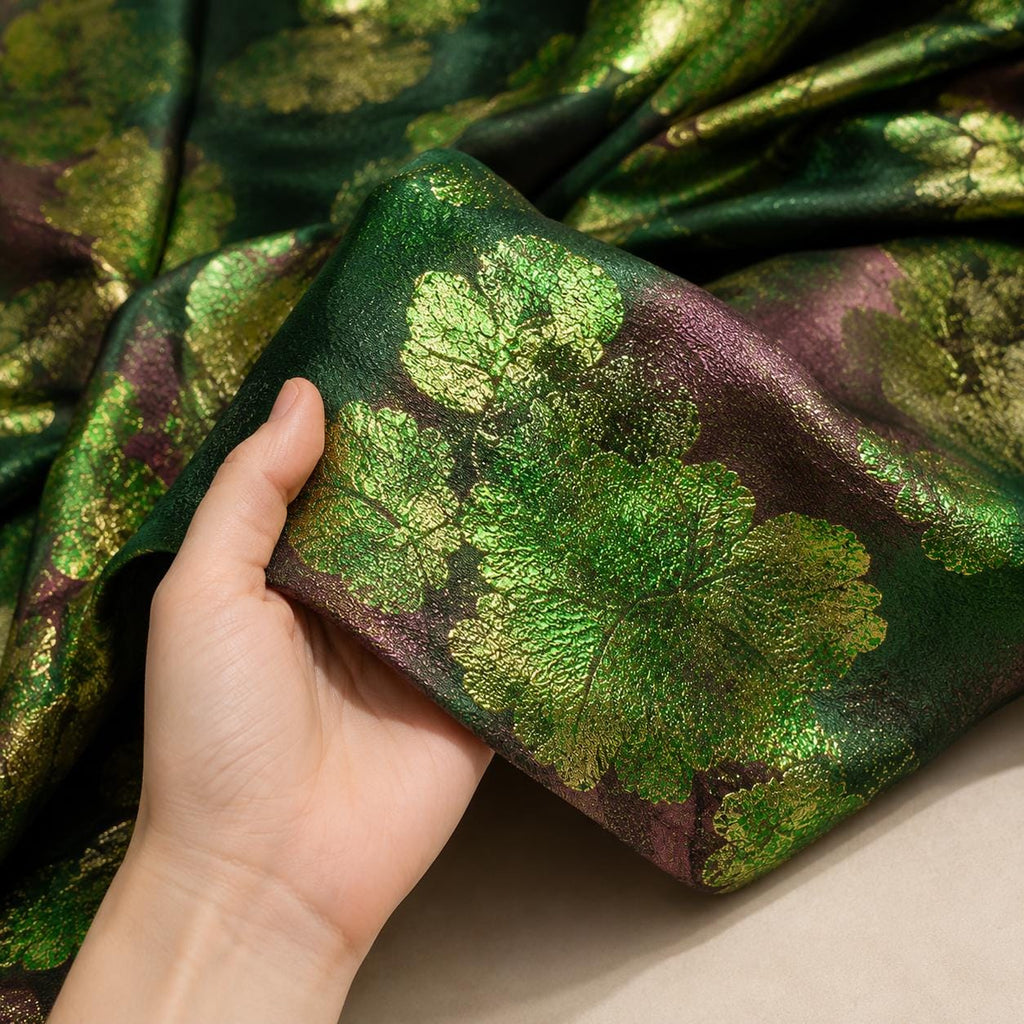 Emerald Green Floral Jacquard Fabric by the Yard, Metallic Gold Brocade for Evening Gowns & Couture