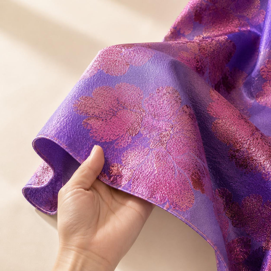 Purple Floral Jacquard Fabric by the Yard, Rose Gold Metallic Brocade for Evening Gowns & Formal Dresses