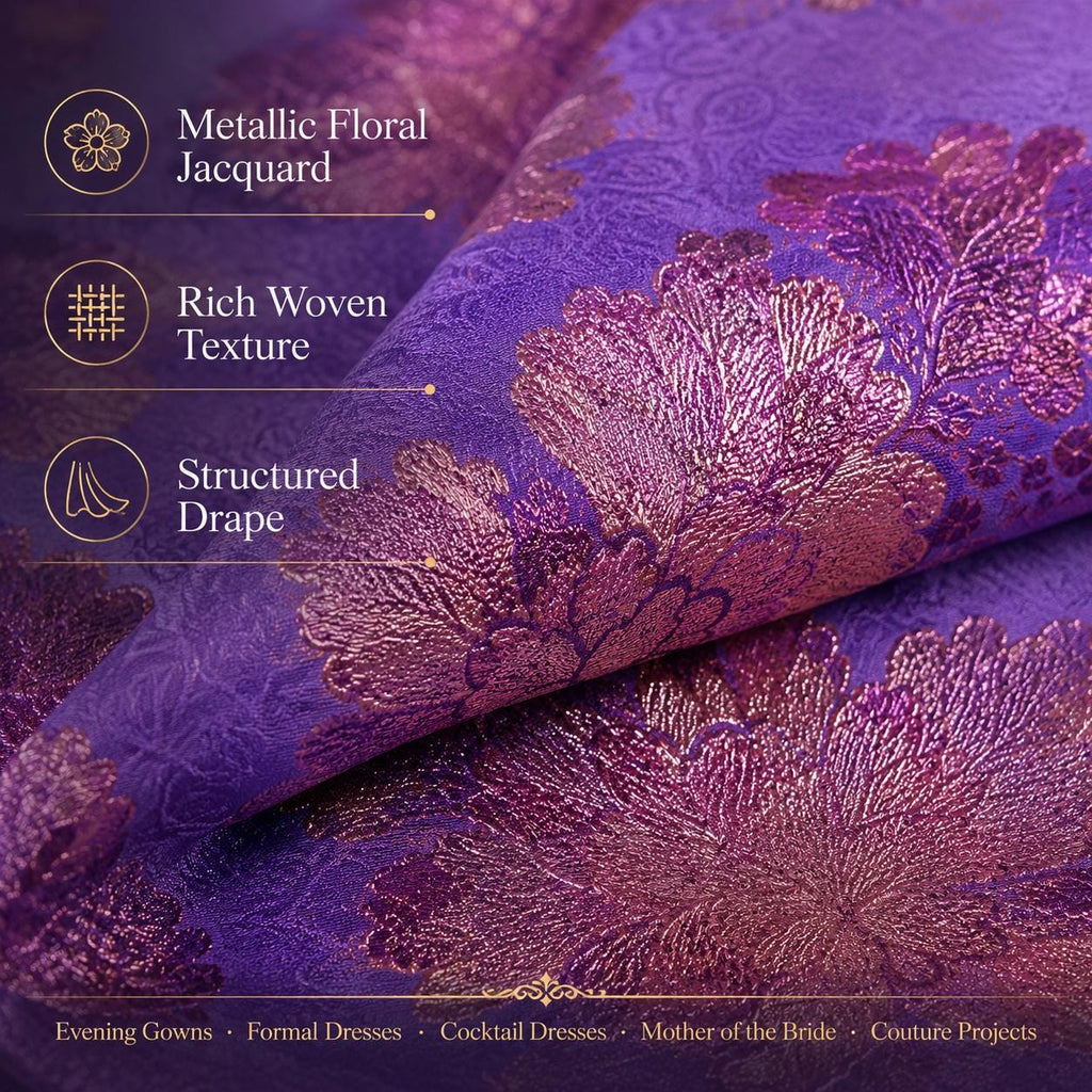 Purple Floral Jacquard Fabric by the Yard, Rose Gold Metallic Brocade for Evening Gowns & Formal Dresses