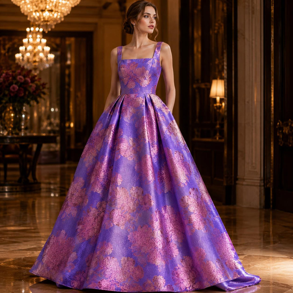 Purple Floral Jacquard Fabric by the Yard, Rose Gold Metallic Brocade for Evening Gowns & Formal Dresses